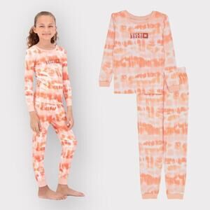 Lucky Brand NEW Long Sleeve Pajama Set Girls sz 4 NWT Coral Orange White Tie-Dye